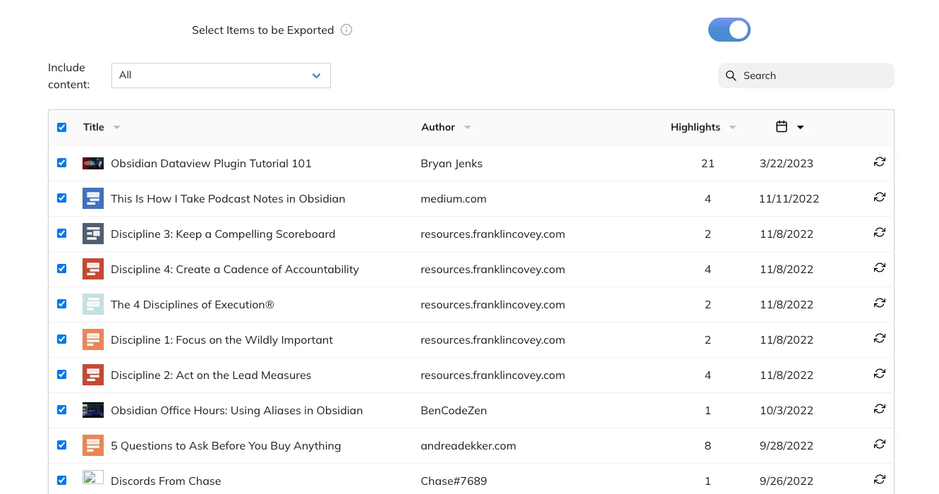 Items to be exported