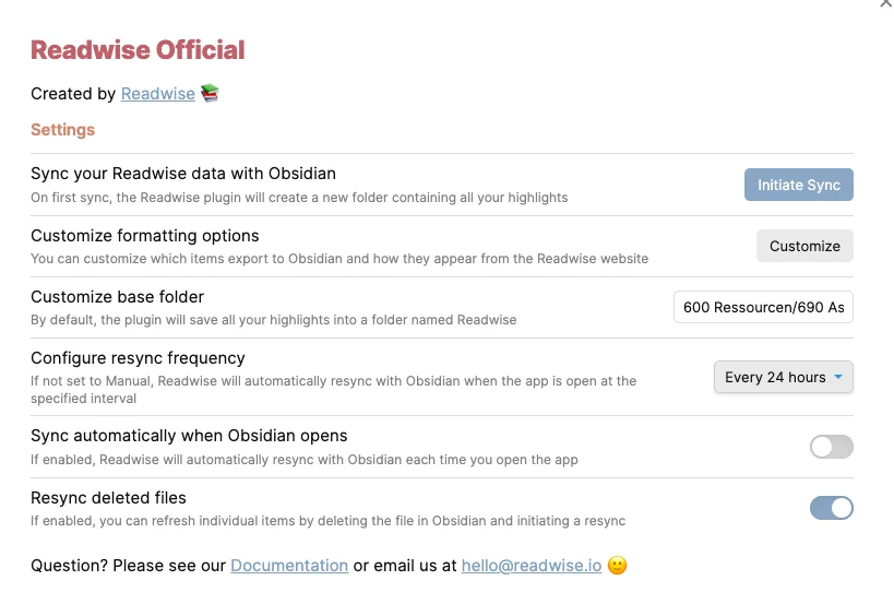 Readwise Plugin Konfiguration